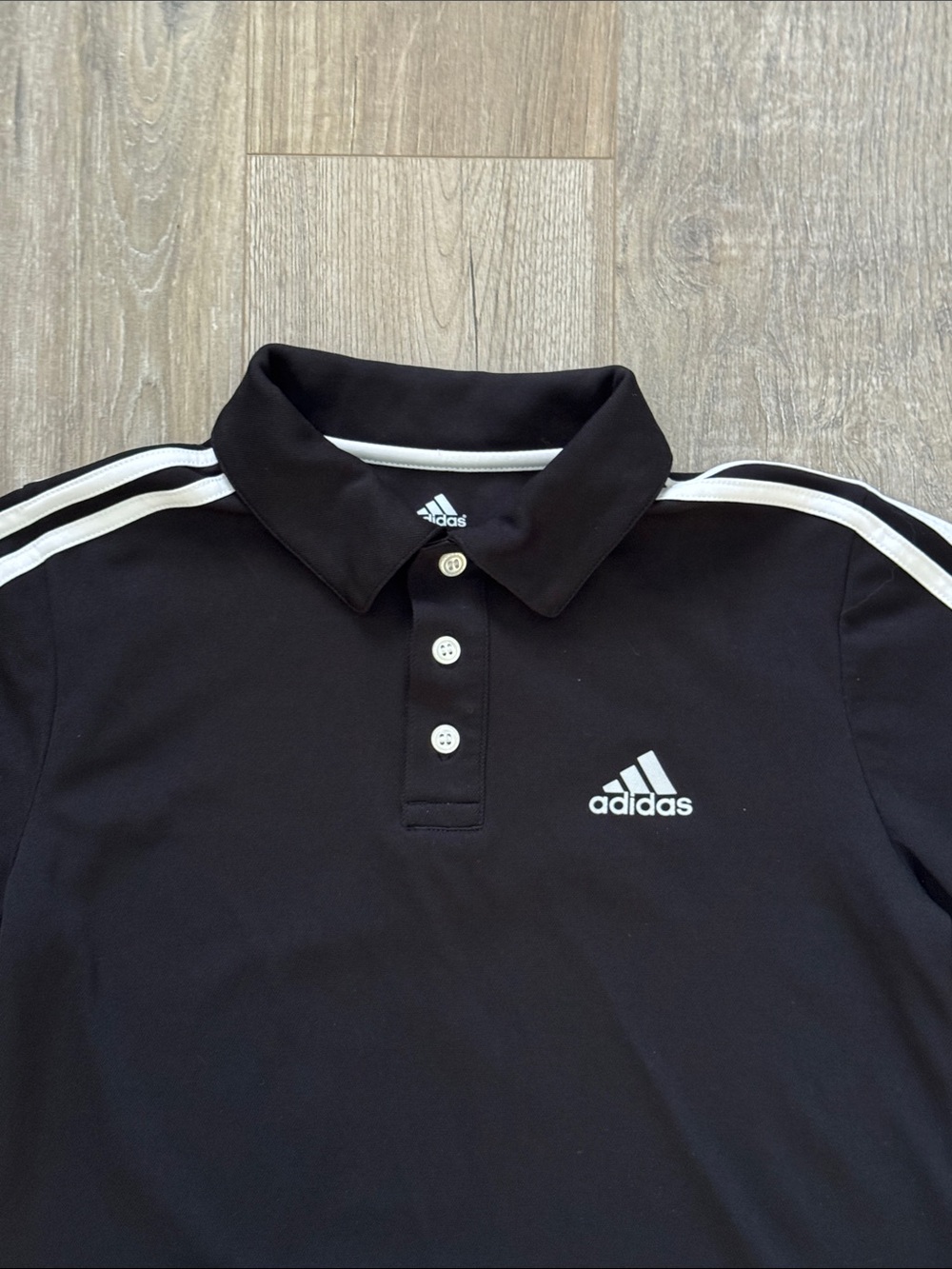 adidas Boys Black Polo with White Shoulder Stripes Size M (10/12) - Picture 2 of 7